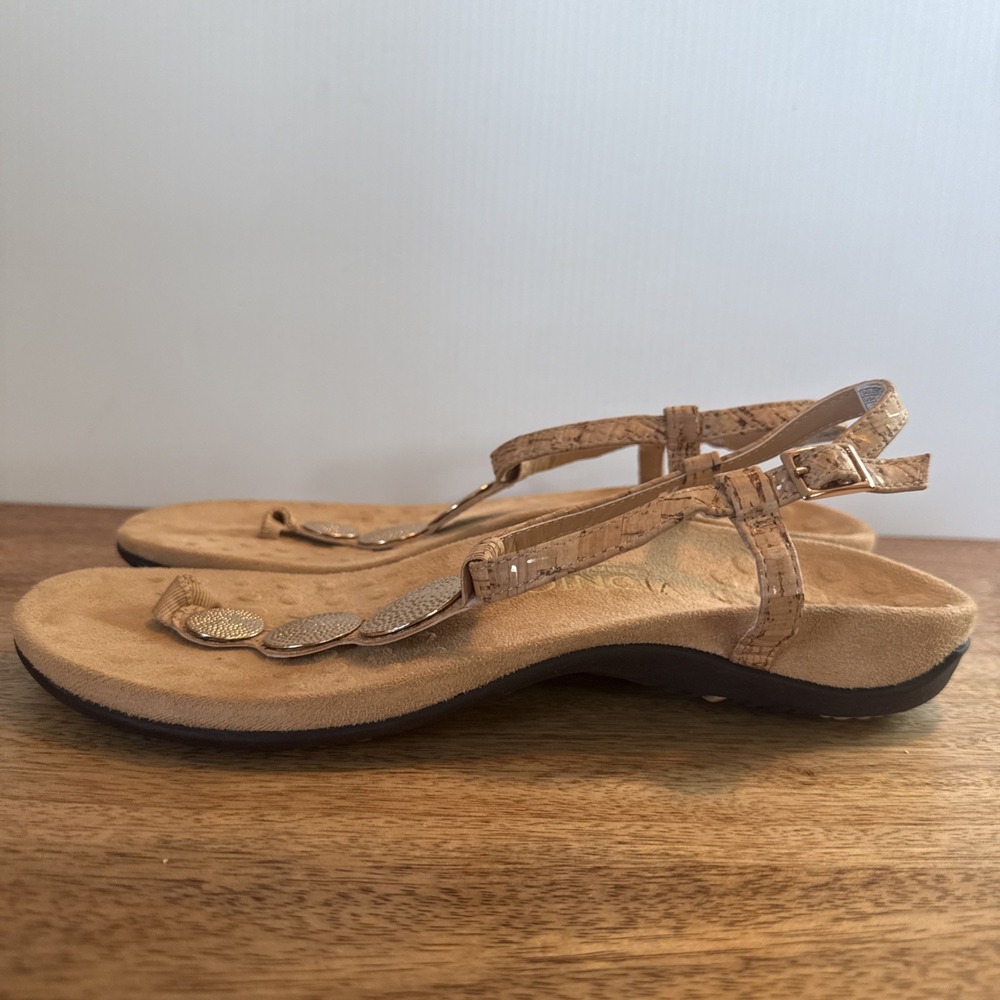 Vionic Lizbeth Sandal Women 10 Gold Cork Leather Orthotic Comfort T-Strap Buckle - Picture 7 of 13